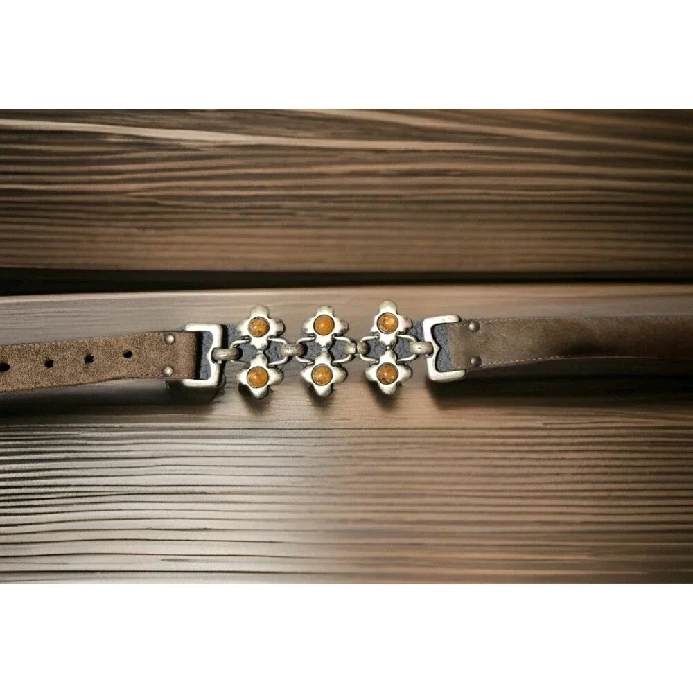 Y2K Italy Leather Floral Chain Link Belt Womens Med Waist Hip Brown Silver